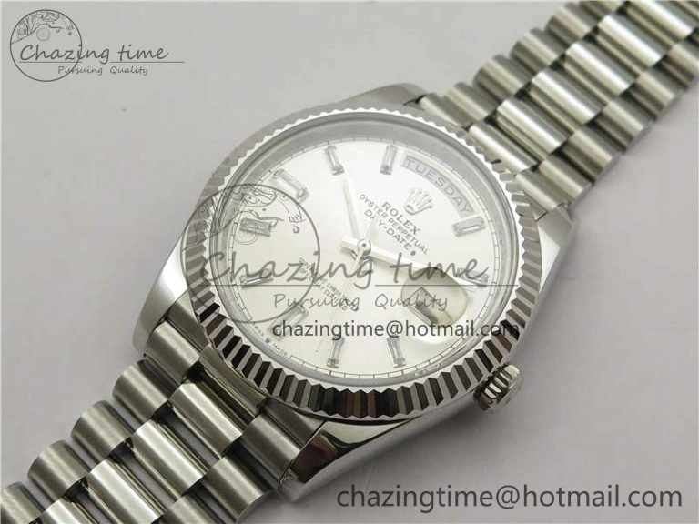 Day-Date 40mm 228239 BP New Dial Version 904 SS Silver T Crystal Markers Dial on SS President Bracelet A2836