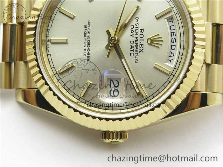 Day-Date 40mm 228239 BP New Dial Version 904 YG Silver Stick Markers Dial on YG President Bracelet A2836