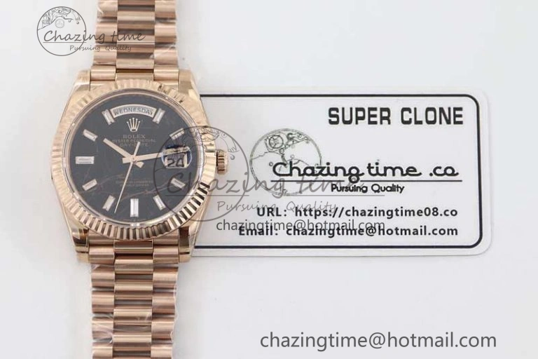 Day Date 40mm RG 904L Steel TWF 1:1 Best Edition Black Crystal Dial on RG Bracelet A2836