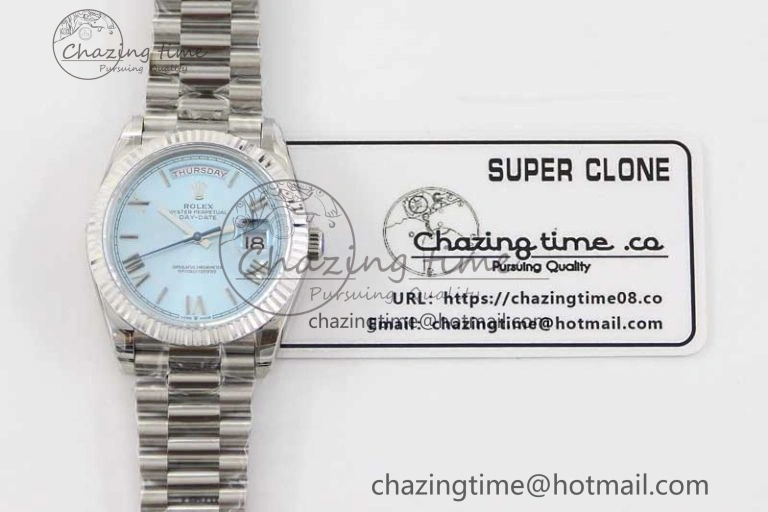 Day Date 40mm SS 904L Steel TWF 1:1 Best Edition Ice Blue Roman Dial on SS Bracelet A2836