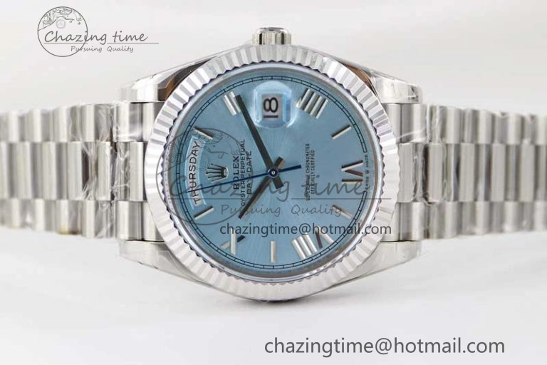 Day Date 40mm SS 904L Steel TWF 1:1 Best Edition Ice Blue Roman Dial on SS Bracelet A2836