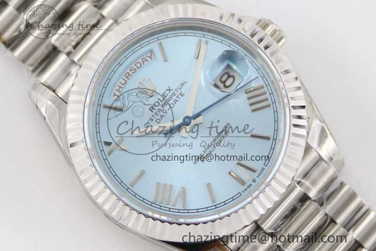Day Date 40mm SS 904L Steel TWF 1:1 Best Edition Ice Blue Roman Dial on SS Bracelet A2836