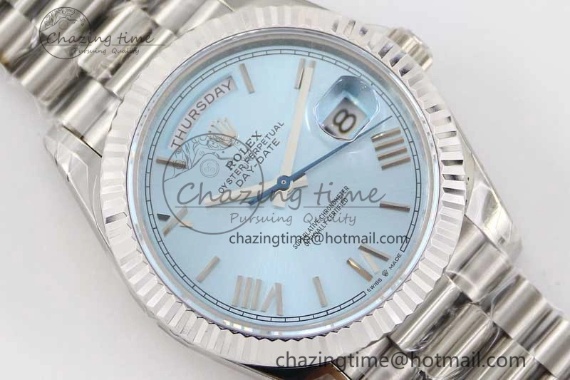 Day Date 40mm SS 904L Steel TWF 1:1 Best Edition Ice Blue Roman Dial on SS Bracelet A2836