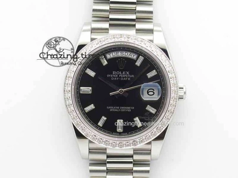 Day Date 40mm SS BP Maker Best Edition Diamond Bezel Black Dial On SS Bracelet A2836