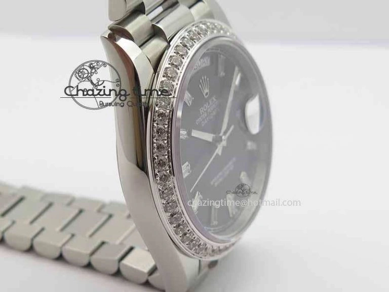 Day Date 40mm SS BP Maker Best Edition Diamond Bezel Black Dial On SS Bracelet A2836