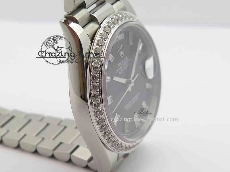 Day Date 40mm SS BP Maker Best Edition Diamond Bezel Black Dial On SS Bracelet A2836