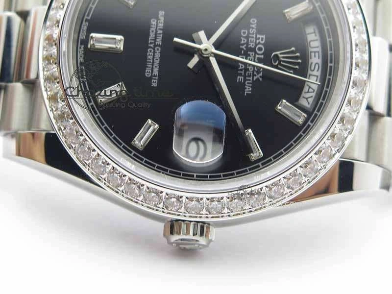 Day Date 40mm SS BP Maker Best Edition Diamond Bezel Black Dial On SS Bracelet A2836