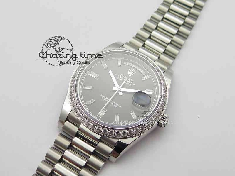 Day Date 40mm SS BP Maker Best Edition Diamond Bezel Black Dial On SS Bracelet A2836