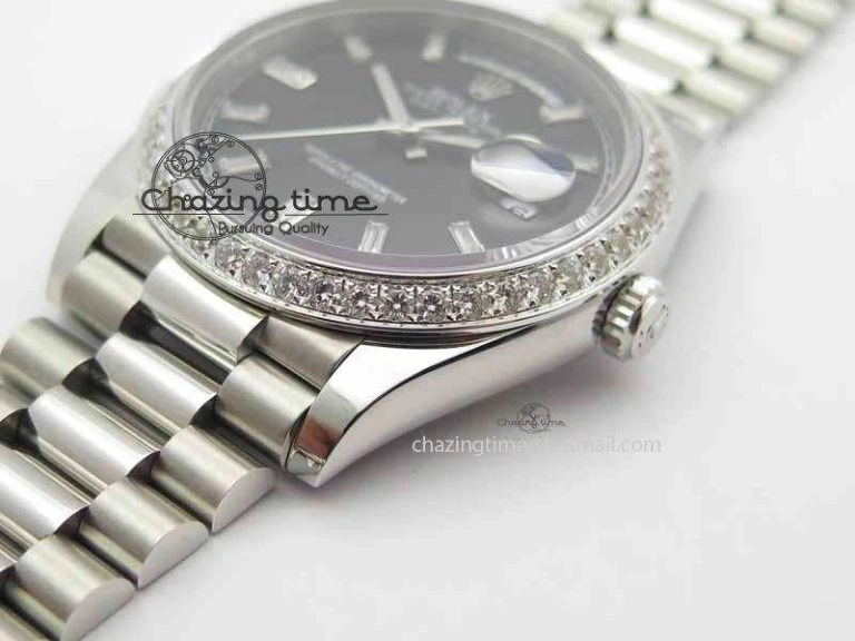 Day Date 40mm SS BP Maker Best Edition Diamond Bezel Black Dial On SS Bracelet A2836