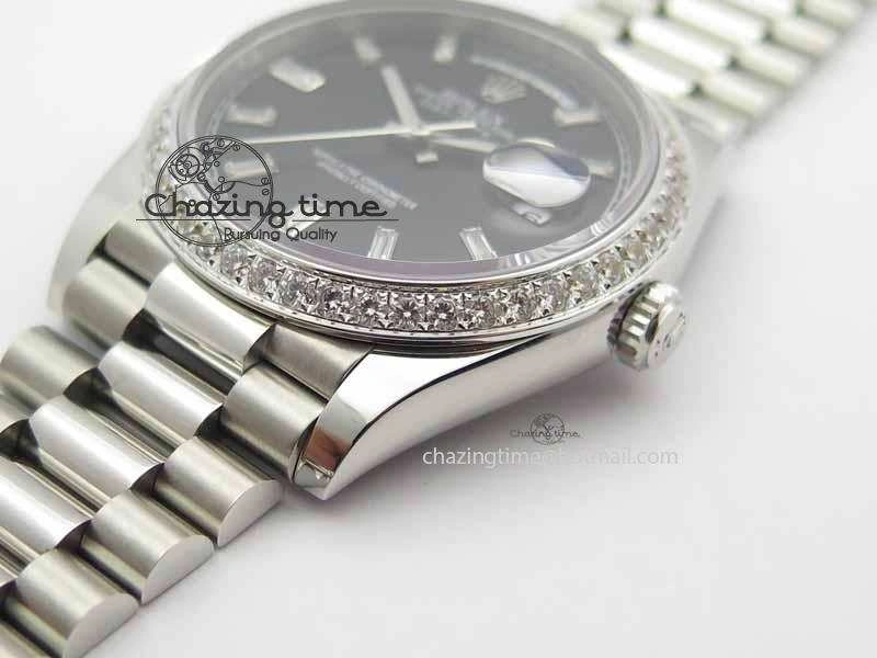 Day Date 40mm SS BP Maker Best Edition Diamond Bezel Black Dial On SS Bracelet A2836