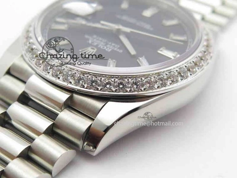 Day Date 40mm SS BP Maker Best Edition Diamond Bezel Black Dial On SS Bracelet A2836