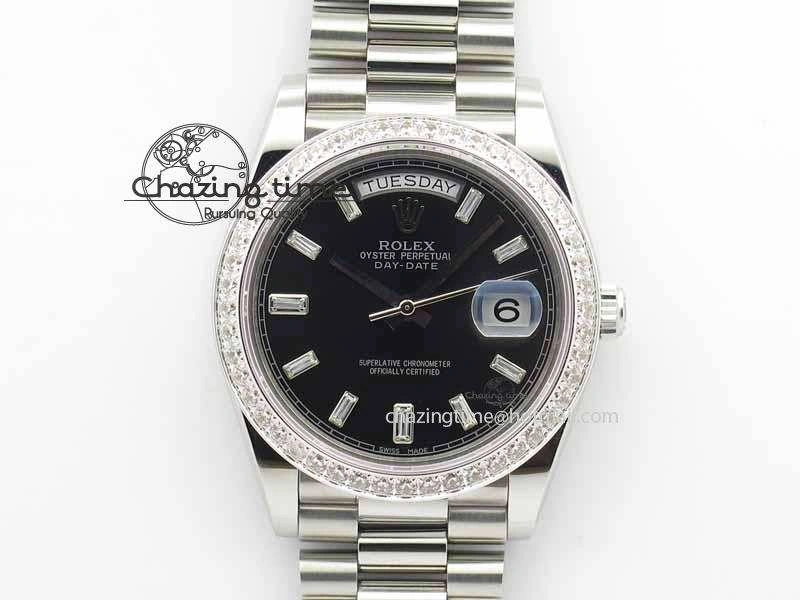 Day Date 40mm SS BP Maker Best Edition Diamond Bezel Black Dial On SS Bracelet ETA2836