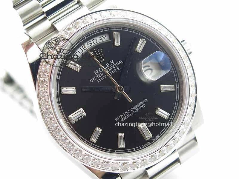 Day Date 40mm SS BP Maker Best Edition Diamond Bezel Black Dial On SS Bracelet ETA2836