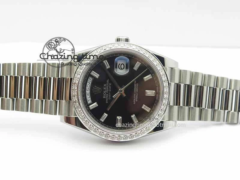 Day Date 40mm SS BP Maker Best Edition Diamond Bezel Black Dial On SS Bracelet ETA2836