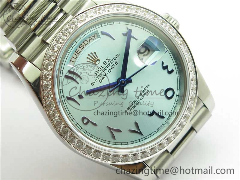 Day Date 40mm SS BP Maker Best Edition Diamond Bezel Blue Dial Arabic Markers On SS Bracelet A2813