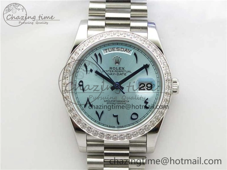 Day Date 40mm SS BP Maker Best Edition Diamond Bezel Blue Dial Arabic Markers On SS Bracelet A2813