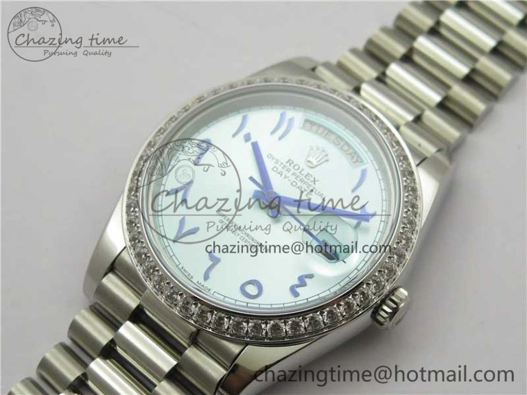 Day Date 40mm SS BP Maker Best Edition Diamond Bezel Blue Dial Arabic Markers On SS Bracelet A2813
