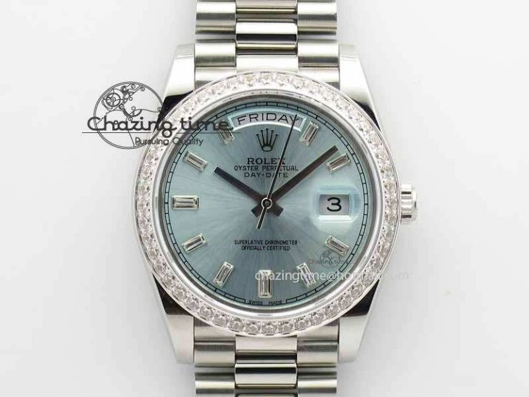 Day Date 40mm SS BP Maker Best Edition Diamond Bezel Ice Blue Dial On SS Bracelet A2836