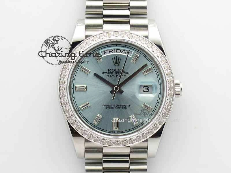 Day Date 40mm SS BP Maker Best Edition Diamond Bezel Ice Blue Dial On SS Bracelet A2836