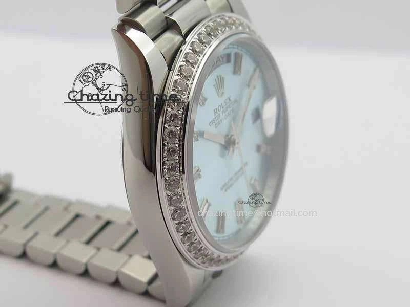 Day Date 40mm SS BP Maker Best Edition Diamond Bezel Ice Blue Dial On SS Bracelet A2836