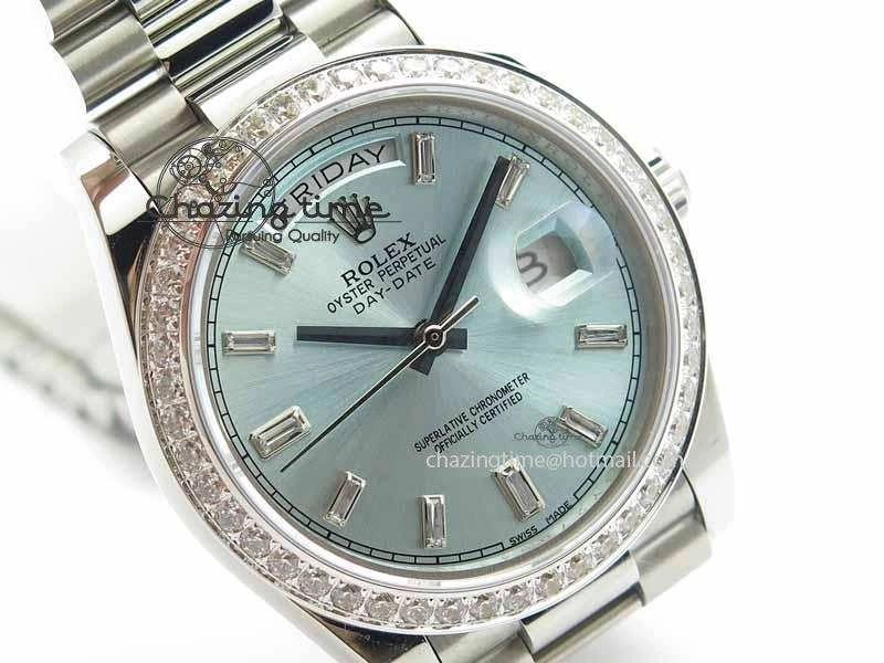 Day Date 40mm SS BP Maker Best Edition Diamond Bezel Ice Blue Dial On SS Bracelet ETA2836