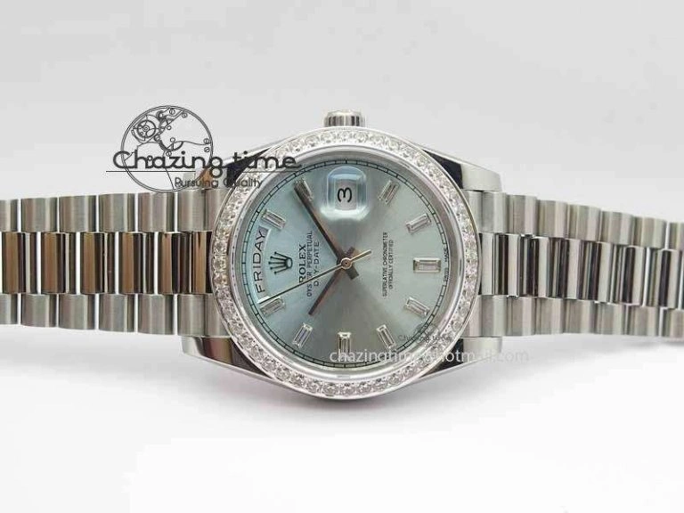 Day Date 40mm SS BP Maker Best Edition Diamond Bezel Ice Blue Dial On SS Bracelet ETA2836