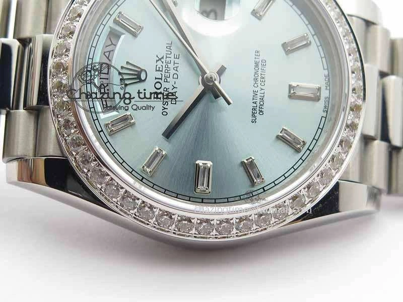 Day Date 40mm SS BP Maker Best Edition Diamond Bezel Ice Blue Dial On SS Bracelet ETA2836