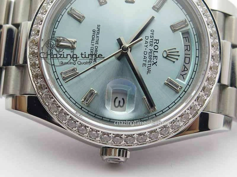 Day Date 40mm SS BP Maker Best Edition Diamond Bezel Ice Blue Dial On SS Bracelet ETA2836