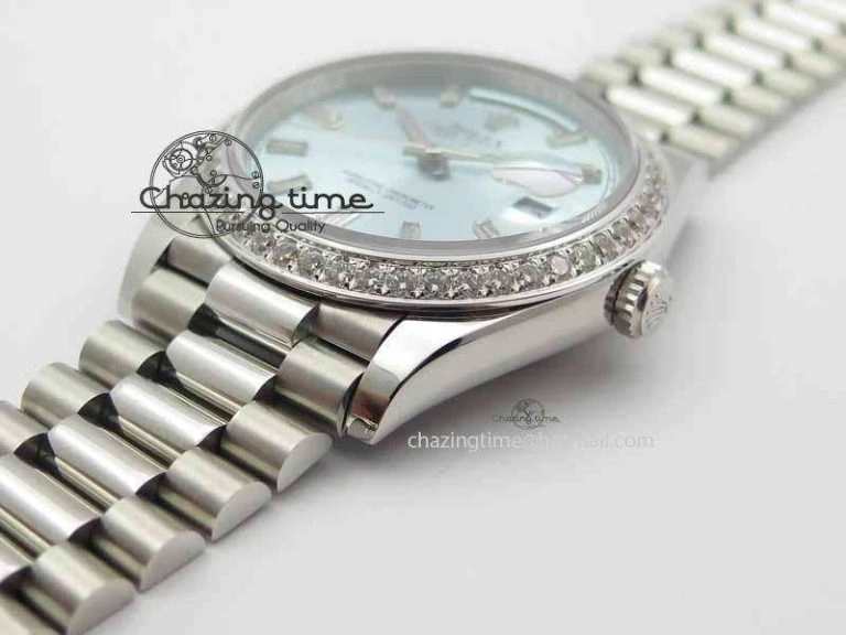 Day Date 40mm SS BP Maker Best Edition Diamond Bezel Ice Blue Dial On SS Bracelet ETA2836