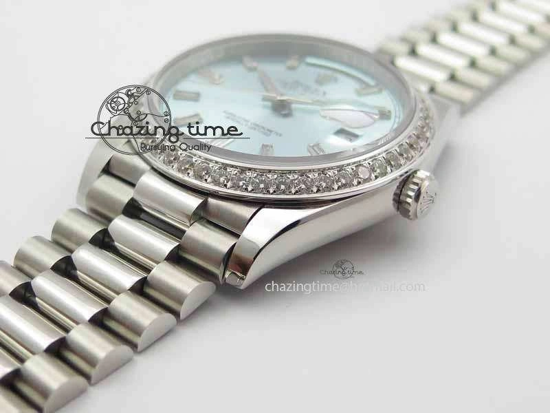 Day Date 40mm SS BP Maker Best Edition Diamond Bezel Ice Blue Dial On SS Bracelet ETA2836