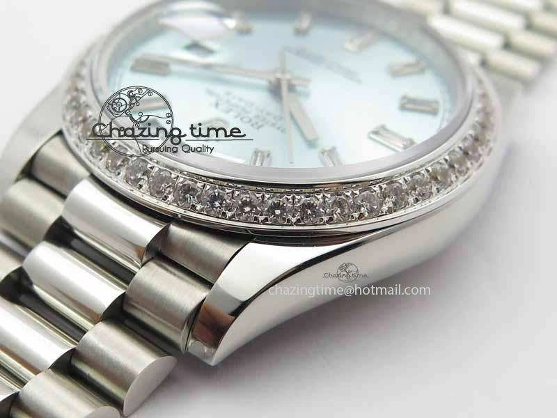 Day Date 40mm SS BP Maker Best Edition Diamond Bezel Ice Blue Dial On SS Bracelet ETA2836