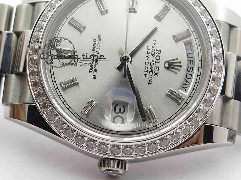 Day Date 40mm SS BP Maker Best Edition Diamond Bezel Silver Dial On SS Bracelet ETA2836