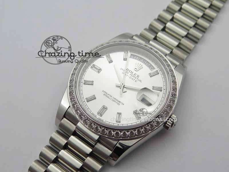 Day Date 40mm SS BP Maker Best Edition Diamond Bezel Silver Dial On SS Bracelet ETA2836