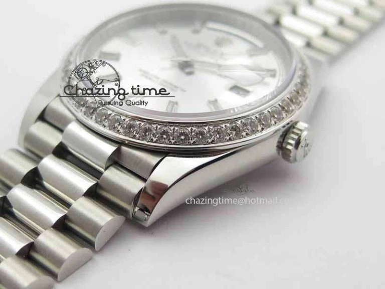 Day Date 40mm SS BP Maker Best Edition Diamond Bezel Silver Dial On SS Bracelet ETA2836