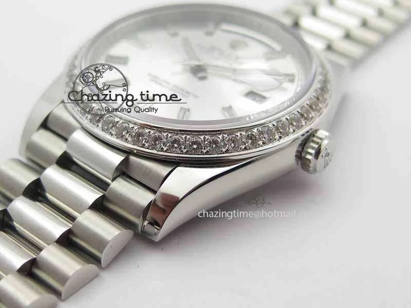 Day Date 40mm SS BP Maker Best Edition Diamond Bezel Silver Dial On SS Bracelet ETA2836