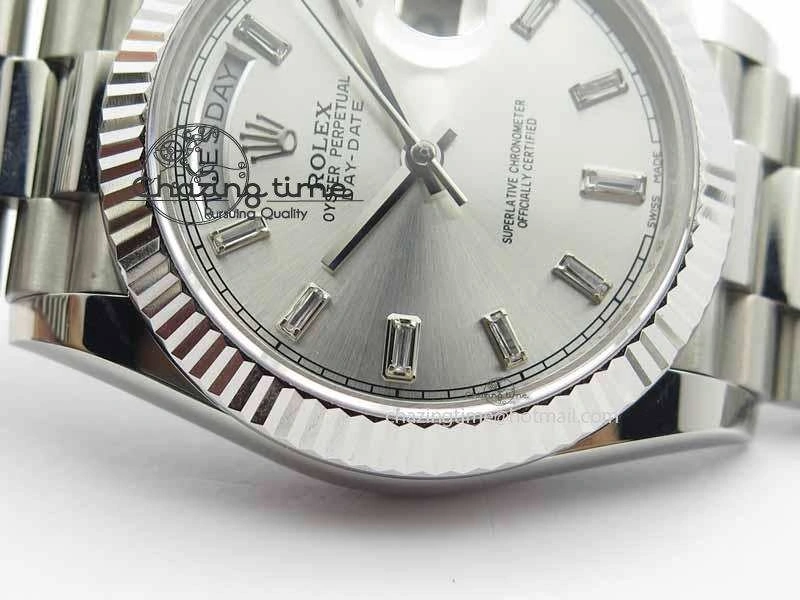 Day Date 40mm SS BP Maker Best Edition Silver Dial Diamond Markers On SS Bracelet A2836