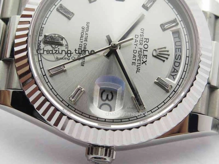 Day Date 40mm SS BP Maker Best Edition Silver Dial Diamond Markers On SS Bracelet A2836