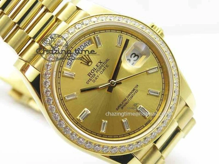 Day Date 40mm Wrapped YG BP Maker Best Edition Gold Dial Diamond Bezel On YG Bracelet ETA2836
