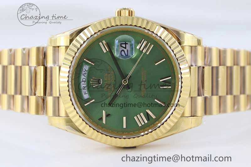 Day Date 40mm YG 904L Steel TWF 1:1 Best Edition Green Roman Dial on YG Bracelet A2836