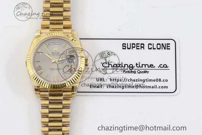 Day Date 40mm YG 904L Steel TWF 1:1 Best Edition Silver Roman Dial on YG Bracelet A2836