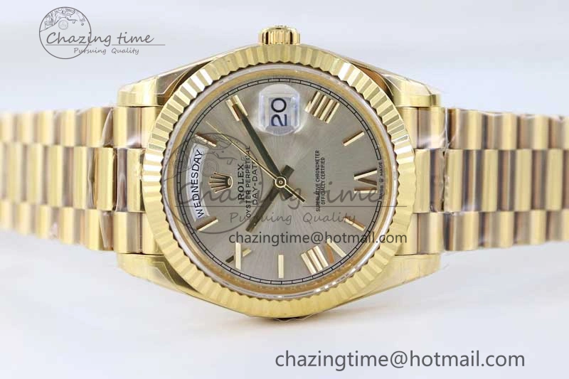 Day Date 40mm YG 904L Steel TWF 1:1 Best Edition Silver Roman Dial on YG Bracelet A2836
