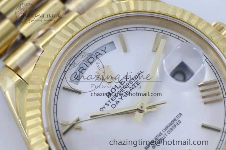 Day Date 40mm YG 904L Steel TWF 1:1 Best Edition White Roman Dial on YG Bracelet A2836