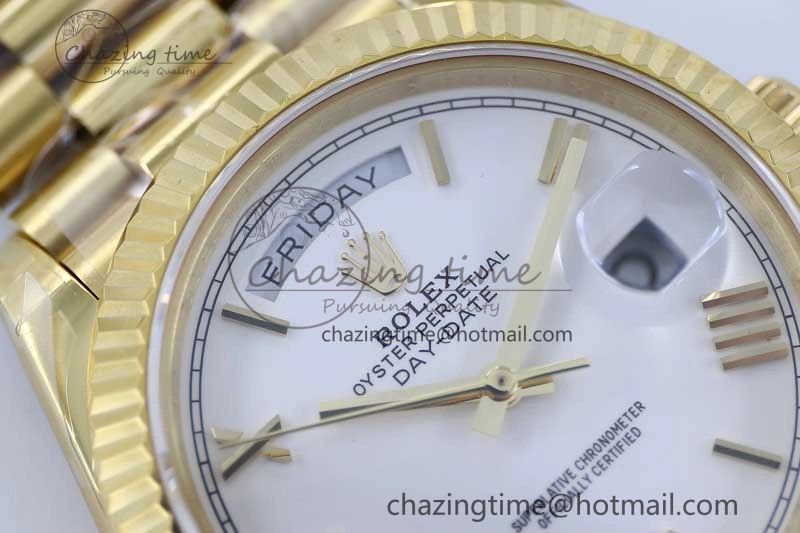 Day Date 40mm YG 904L Steel TWF 1:1 Best Edition White Roman Dial on YG Bracelet A2836