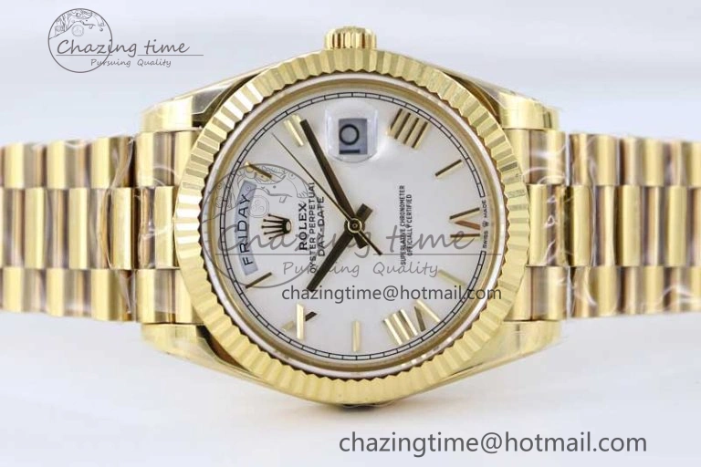Day Date 40mm YG 904L Steel TWF 1:1 Best Edition White Roman Dial on YG Bracelet A2836