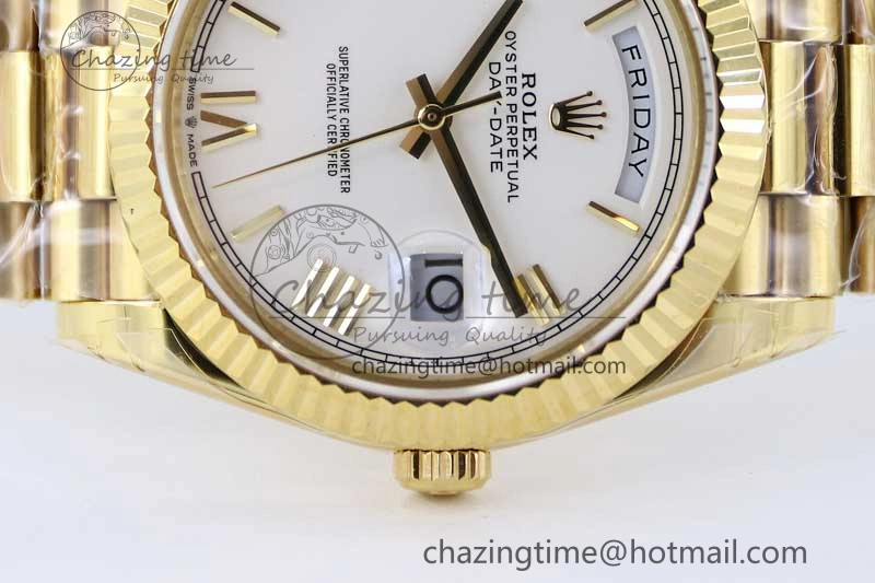 Day Date 40mm YG 904L Steel TWF 1:1 Best Edition White Roman Dial on YG Bracelet A2836