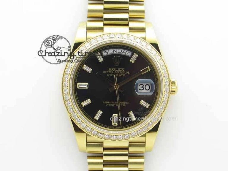 Day Date 40mm YG BP Maker Best Edition Black Dial Diamond Bezel On YG Bracelet A2836