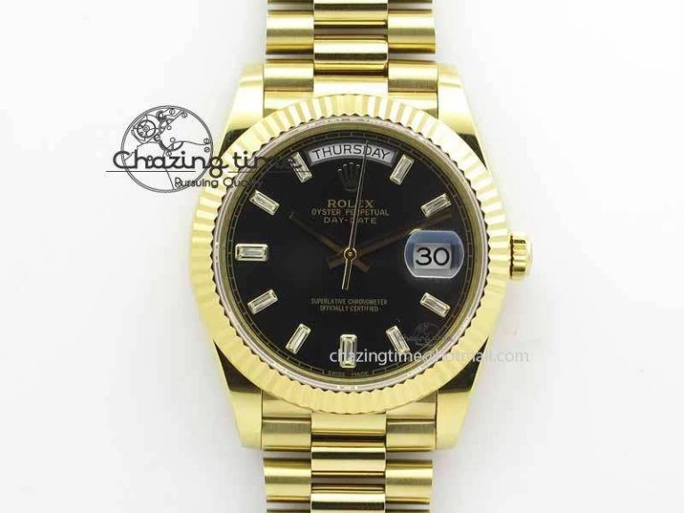 Day Date 40mm YG BP Maker Best Edition Black Dial Diamond Markers On YG Bracelet A2836