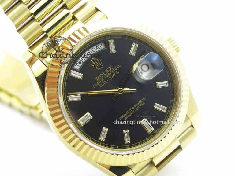 Day Date 40mm YG BP Maker Best Edition Black Dial Diamond Markers On YG Bracelet A2836