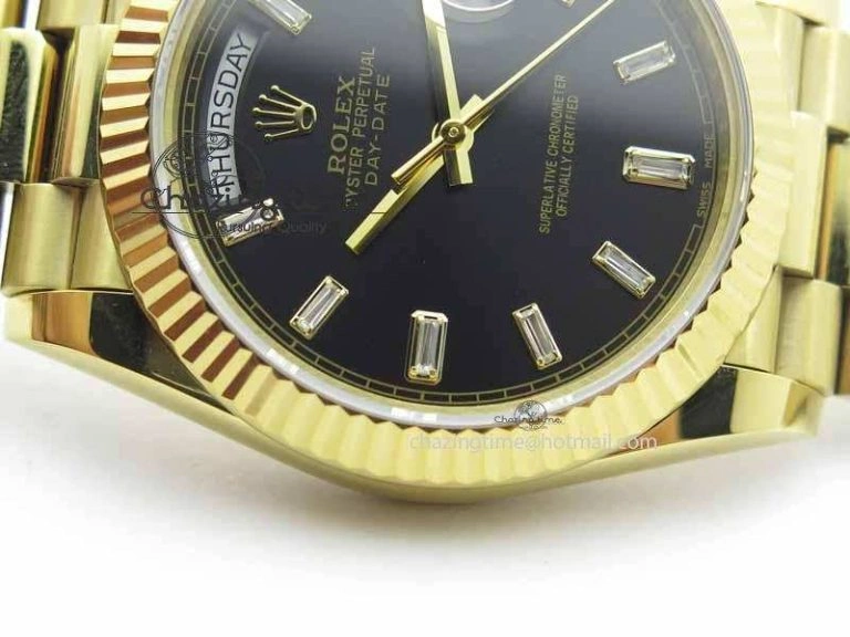 Day Date 40mm YG BP Maker Best Edition Black Dial Diamond Markers On YG Bracelet A2836