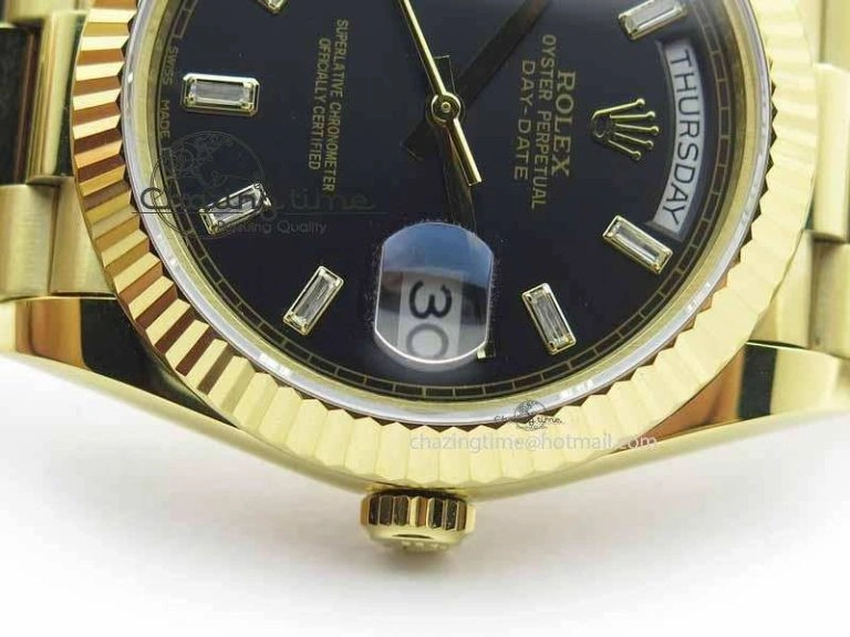 Day Date 40mm YG BP Maker Best Edition Black Dial Diamond Markers On YG Bracelet A2836